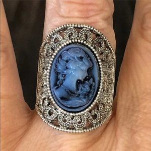 Blue Milgrain Vintage Style Cameo Lady Portrait Crystal Silver Ring